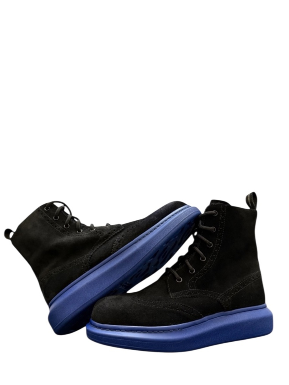 ALEXANDER MCQUEEN - BLACK BLUE HYBRID BROGUE SUEDE BOOTS